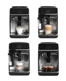 Image of Set with modern electric coffee machines on white background