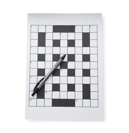 Blank crossword and pen on white background, top view