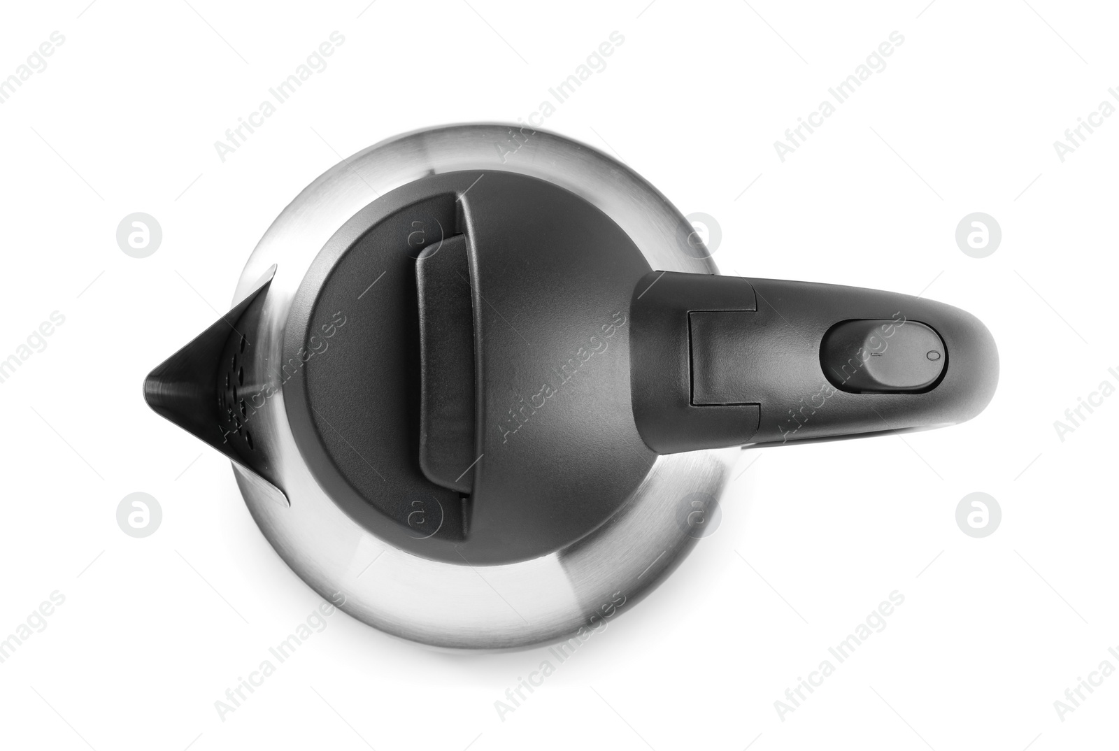 Photo of Stylish electrical kettle isolated on white, top view