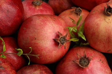 Many fresh ripe pomegranates as background, closeup