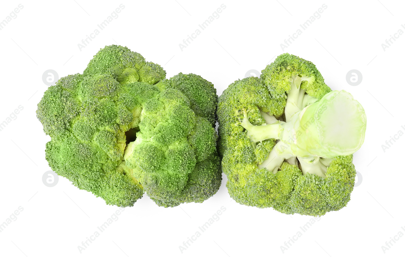 Photo of Fresh raw green broccoli isolated on white, top view