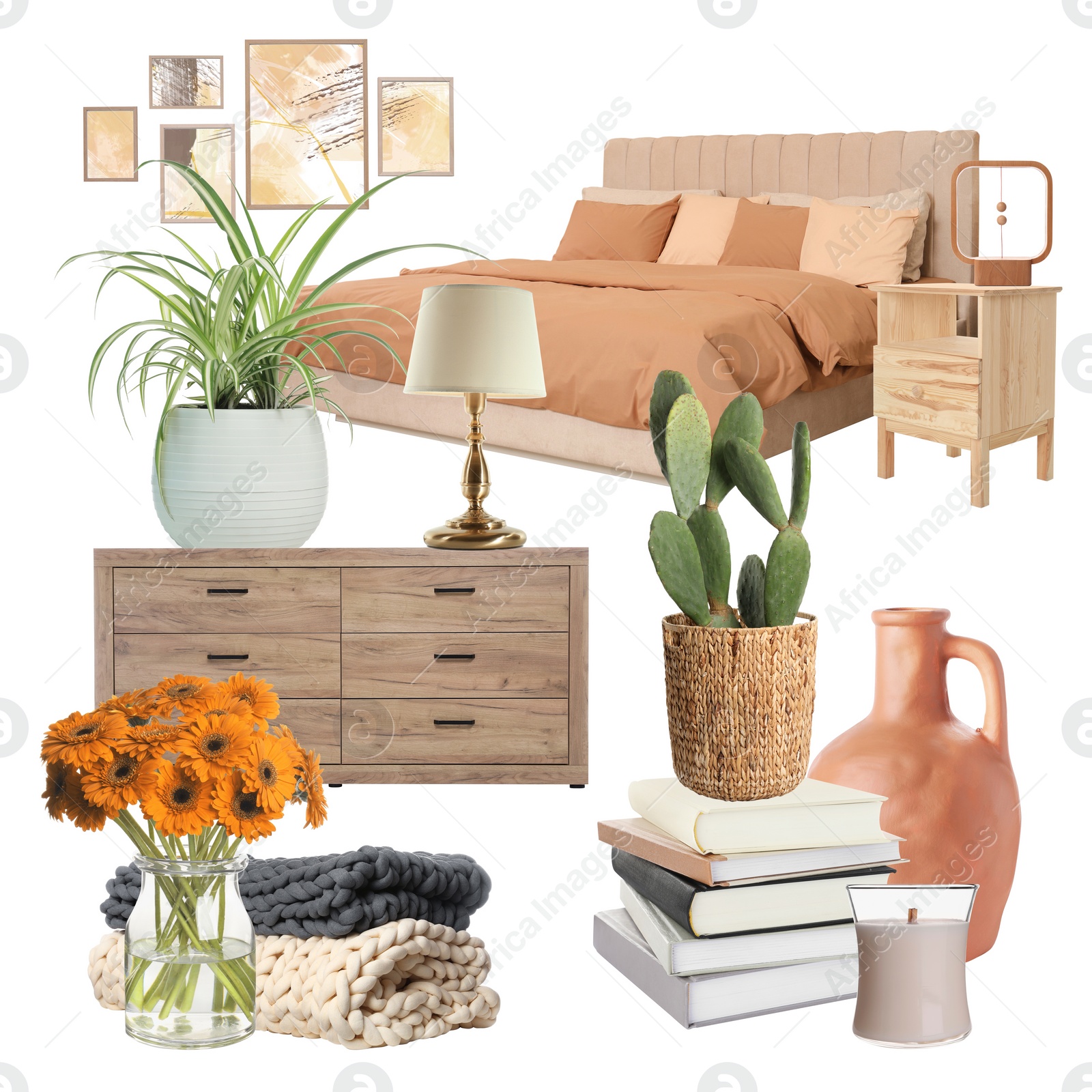 Image of Stylish bedroom interior with different decorative elements and furniture on white background. Mood board collage