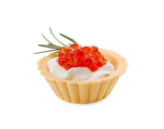 Photo of Delicious tartlet with red caviar and cream cheese on white background