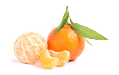 Photo of Tasty ripe tangerines with leaves on white background