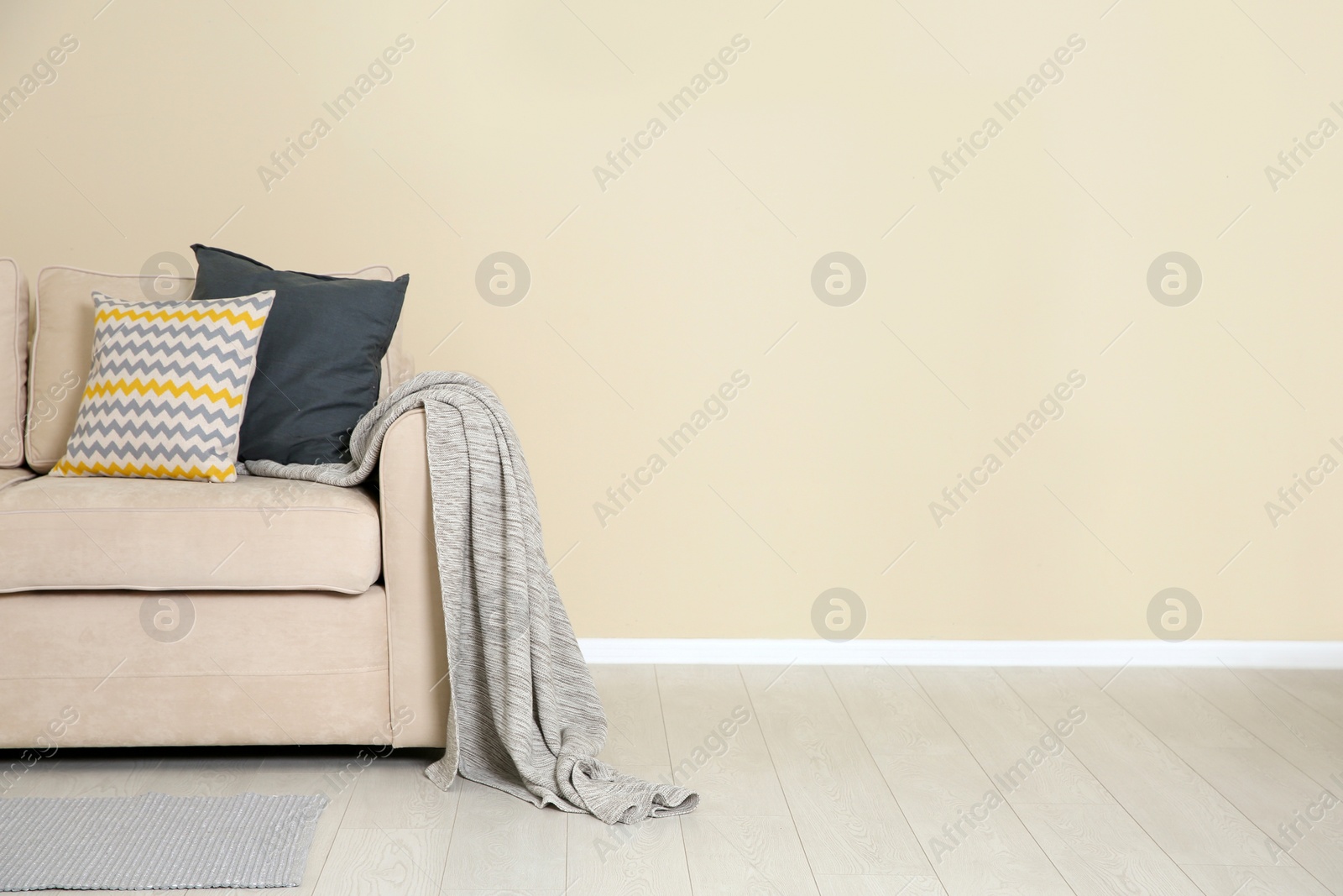 Photo of Minimalist living room interior with cozy sofa, pillows and plaid near light wall. Space for text