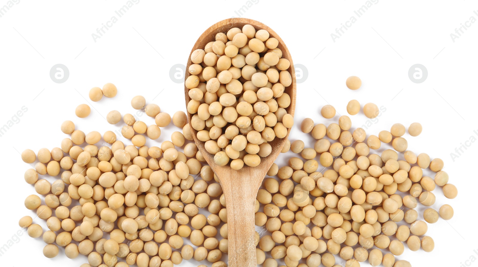 Photo of Soya beans with wooden spoon isolated on white, top view