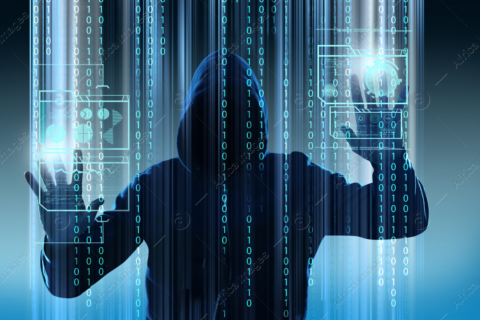 Image of Man in hood and digital binary code on dark background. Cyber attack concept