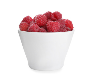 Photo of Fresh ripe raspberries in bowl isolated on white