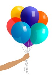 Illustration of Woman holding bunch of colorful balloons on white background