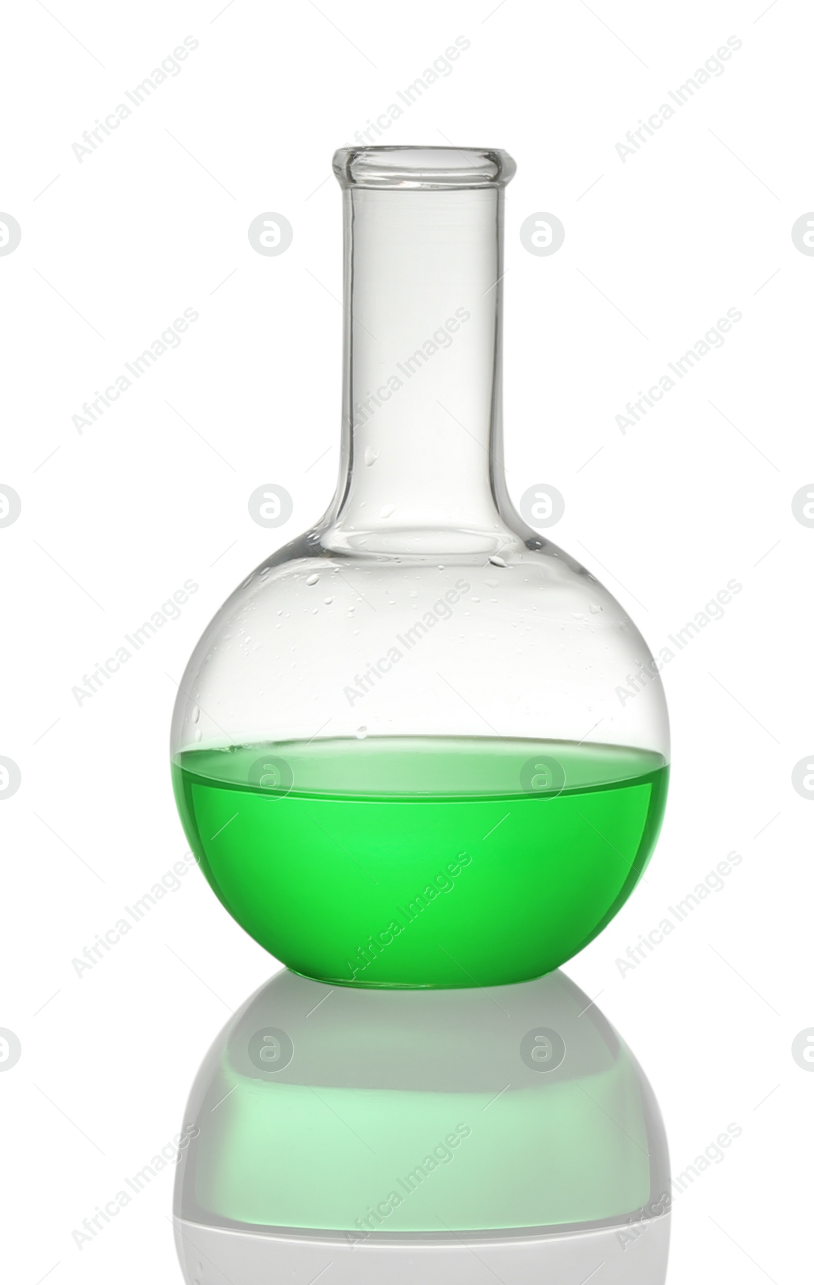 Photo of Florence flask with light green liquid isolated on white