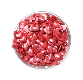 Sweet candy hearts in bowl on white background, top view