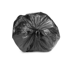 Black trash bag filled with garbage isolated on white