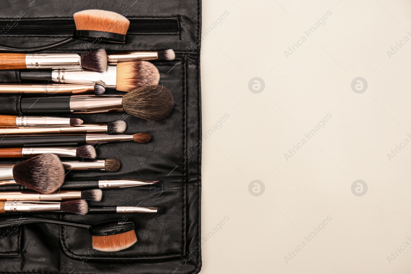 Photo of Organizer full of professional tools on makeup artists workplace, top view. Space for text