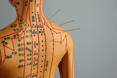 Photo of Acupuncture - alternative medicine. Human model with needles in shoulder against grey background, space for text