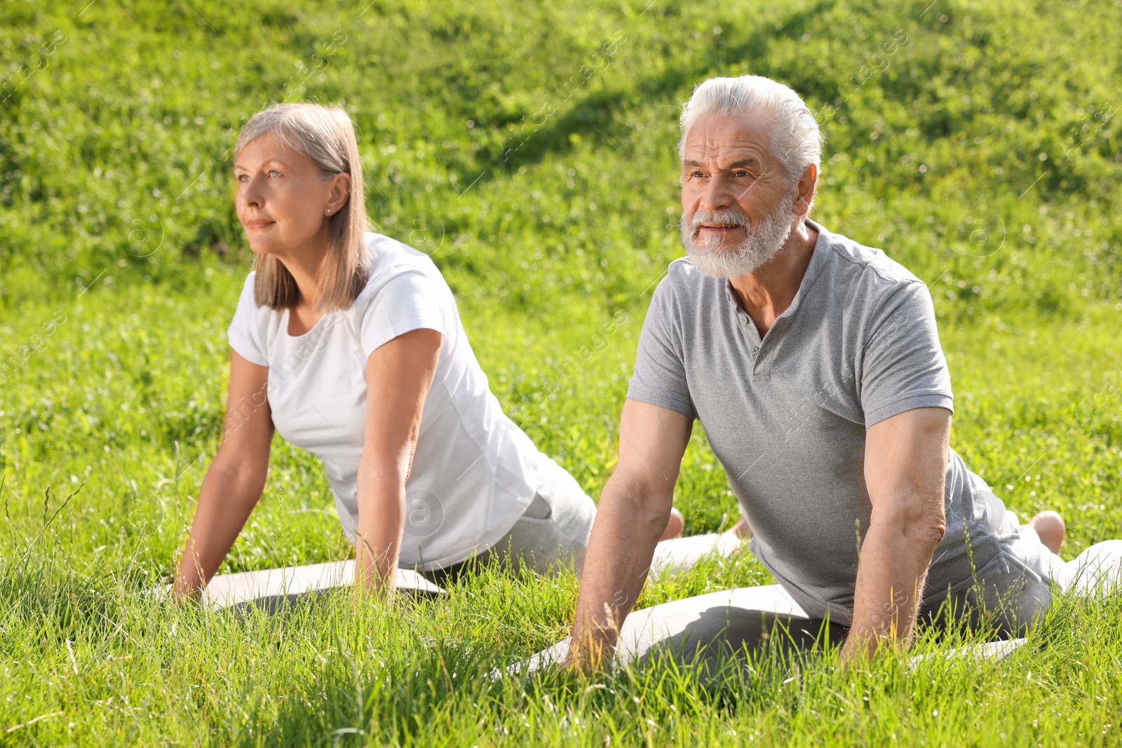 Photo of Senior couple practicing yoga on green grass outdoors