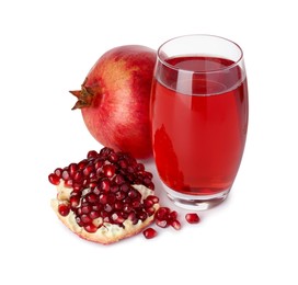 Photo of Refreshing pomegranate juice in glass and fruits isolated on white