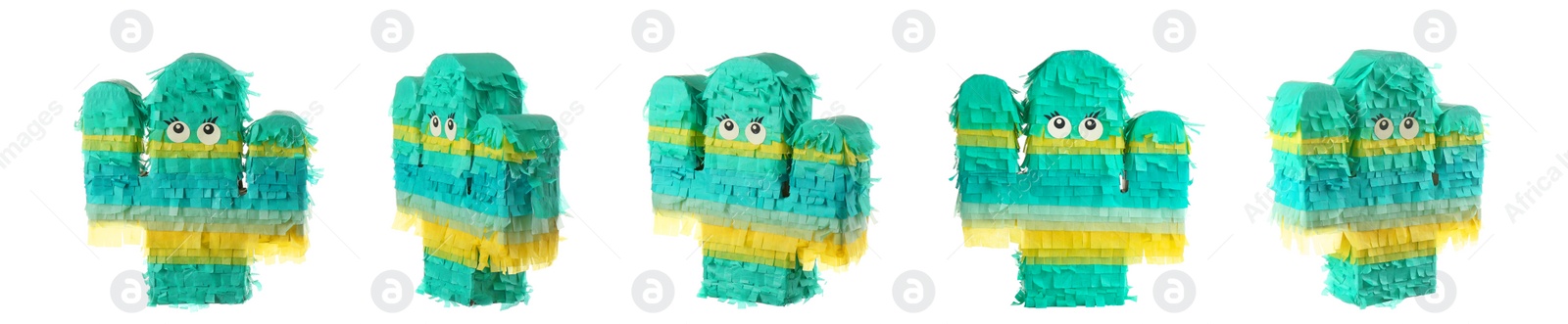 Image of Set with funny cactus shaped pinatas on white background. Banner design