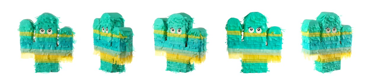 Image of Set with funny cactus shaped pinatas on white background. Banner design