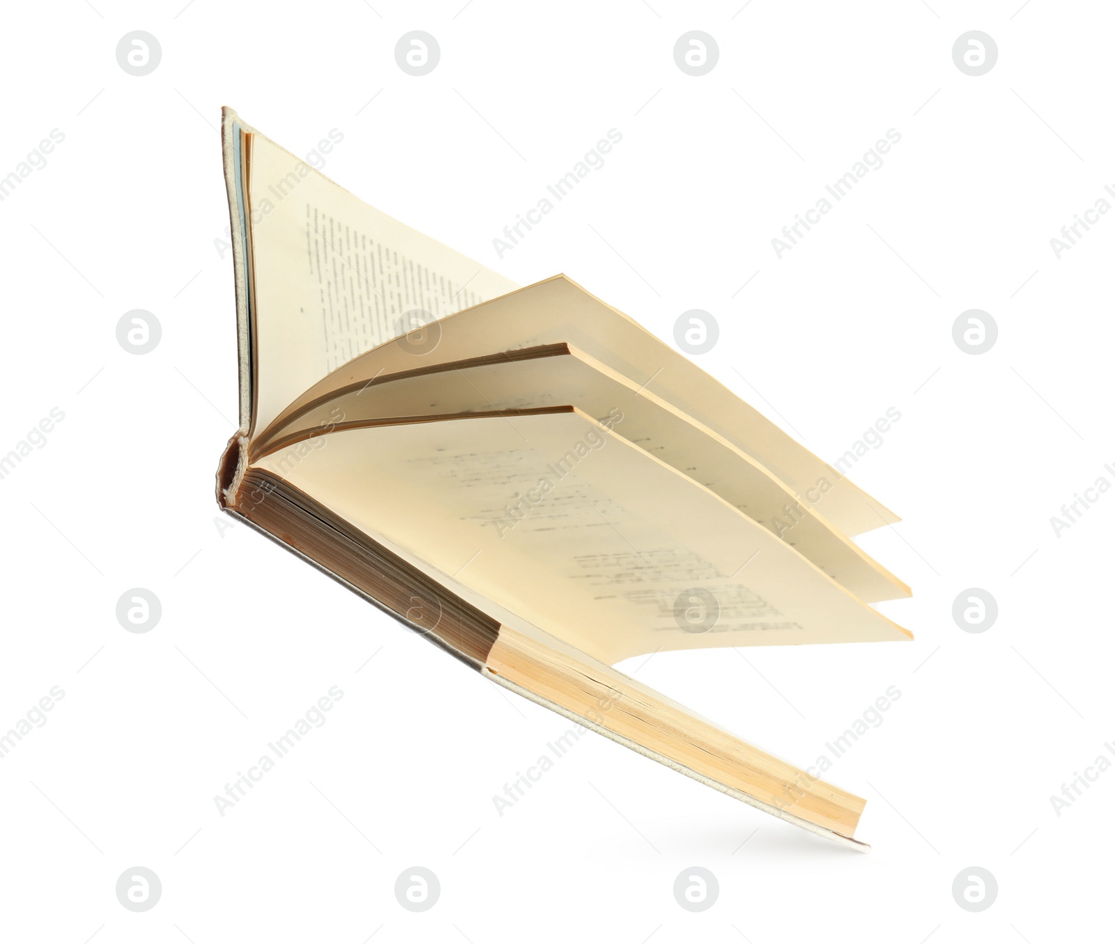 Photo of Open old hardcover book isolated on white