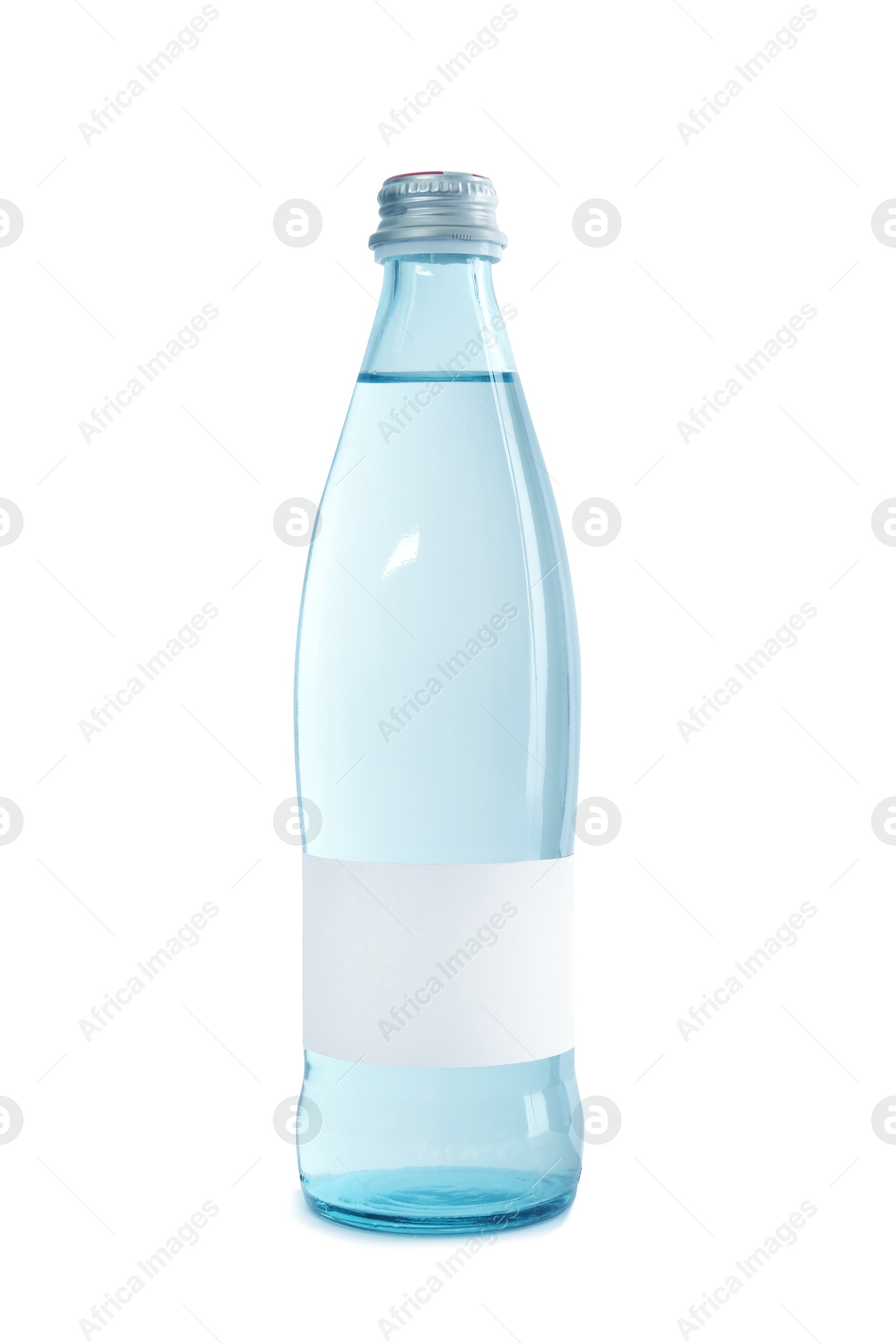 Photo of Glass bottle of pure water with blank tag on white background