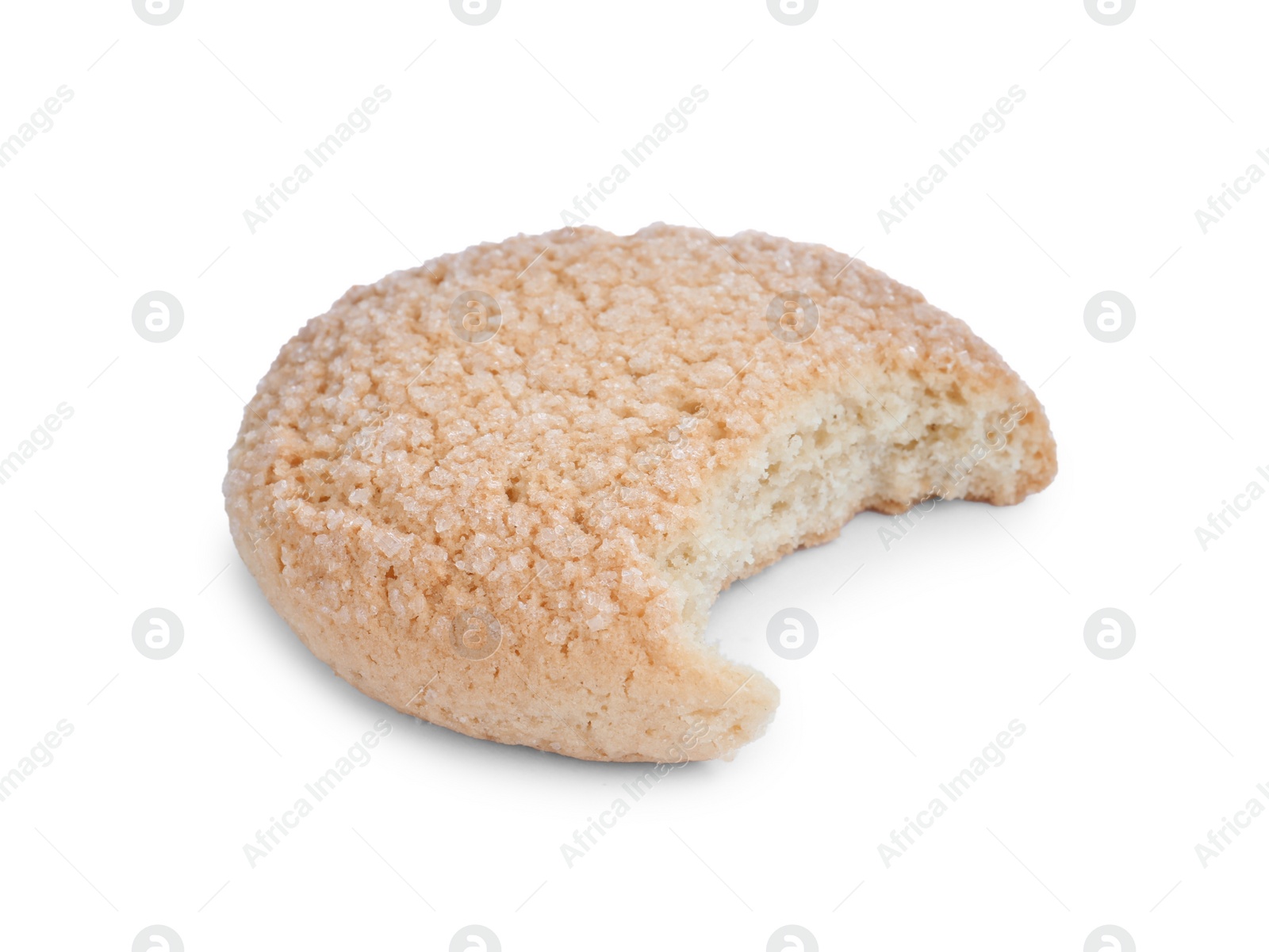 Photo of BItten tasty sugar cookie isolated on white