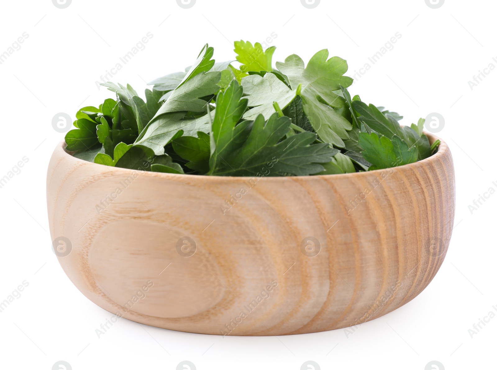 Photo of Fresh green parsley in wooden bowl isolated on white