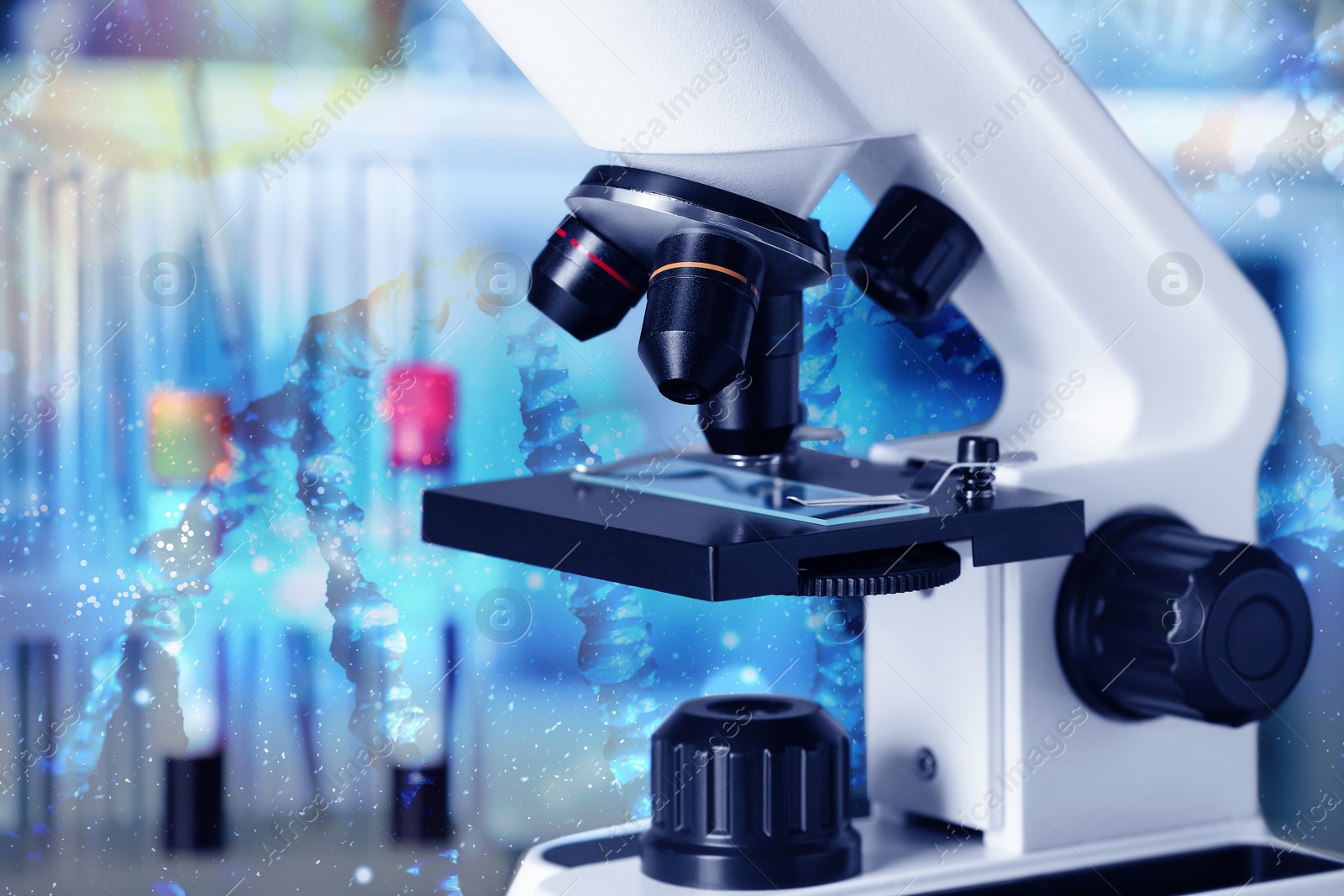 Image of Genetic testing. Microscope and illustration of DNA structure in laboratory