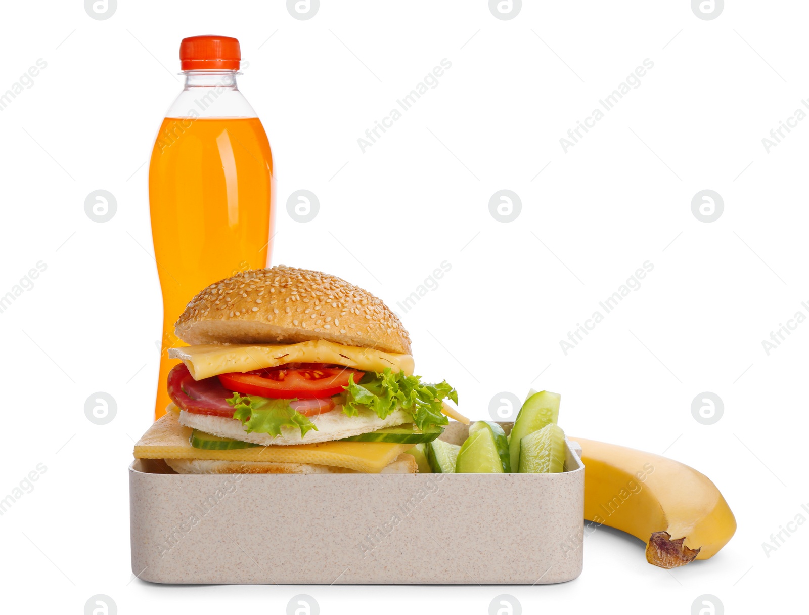 Photo of Lunch box with appetizing food and bottle of drink on white background