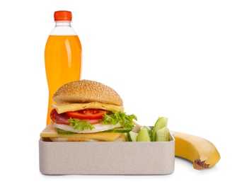 Photo of Lunch box with appetizing food and bottle of drink on white background