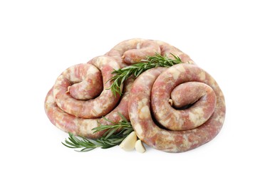 Homemade sausages, garlic and rosemary isolated on white