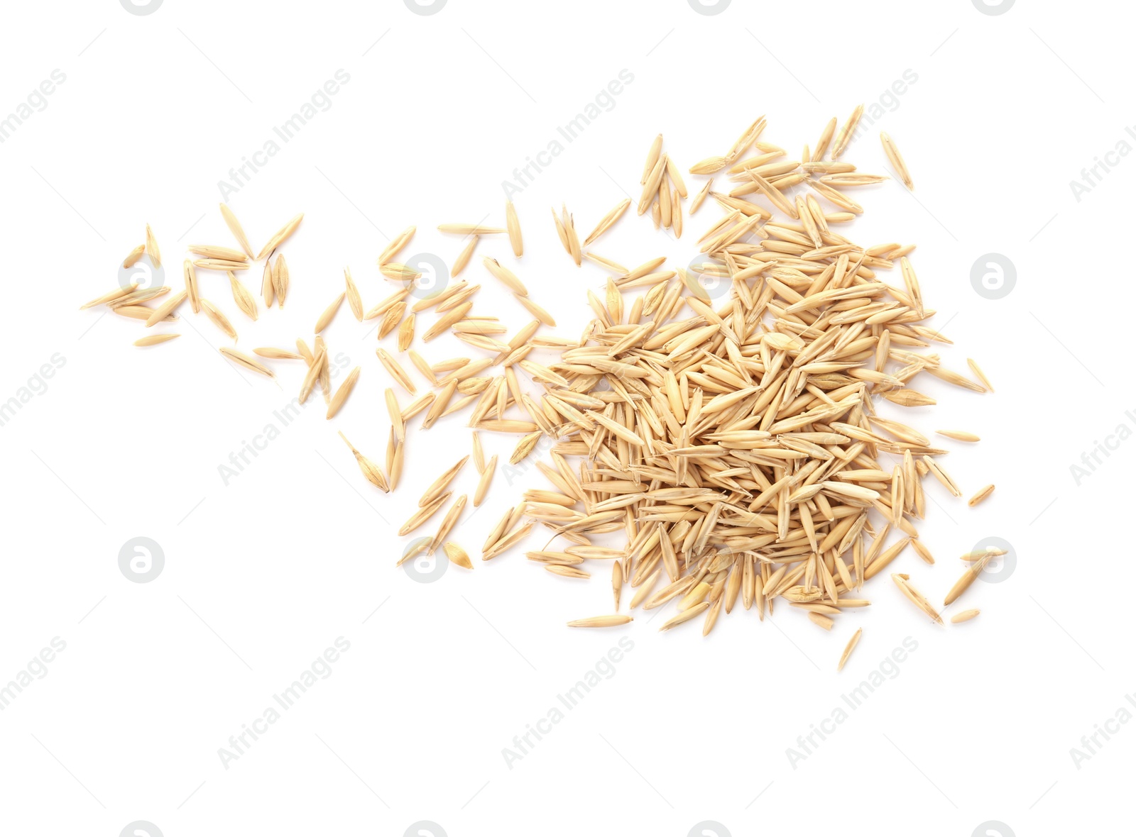 Photo of Raw oats on white background. Healthy grains and cereals