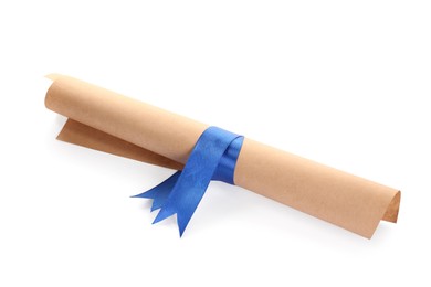 Photo of Rolled student's diploma with blue ribbon on white background