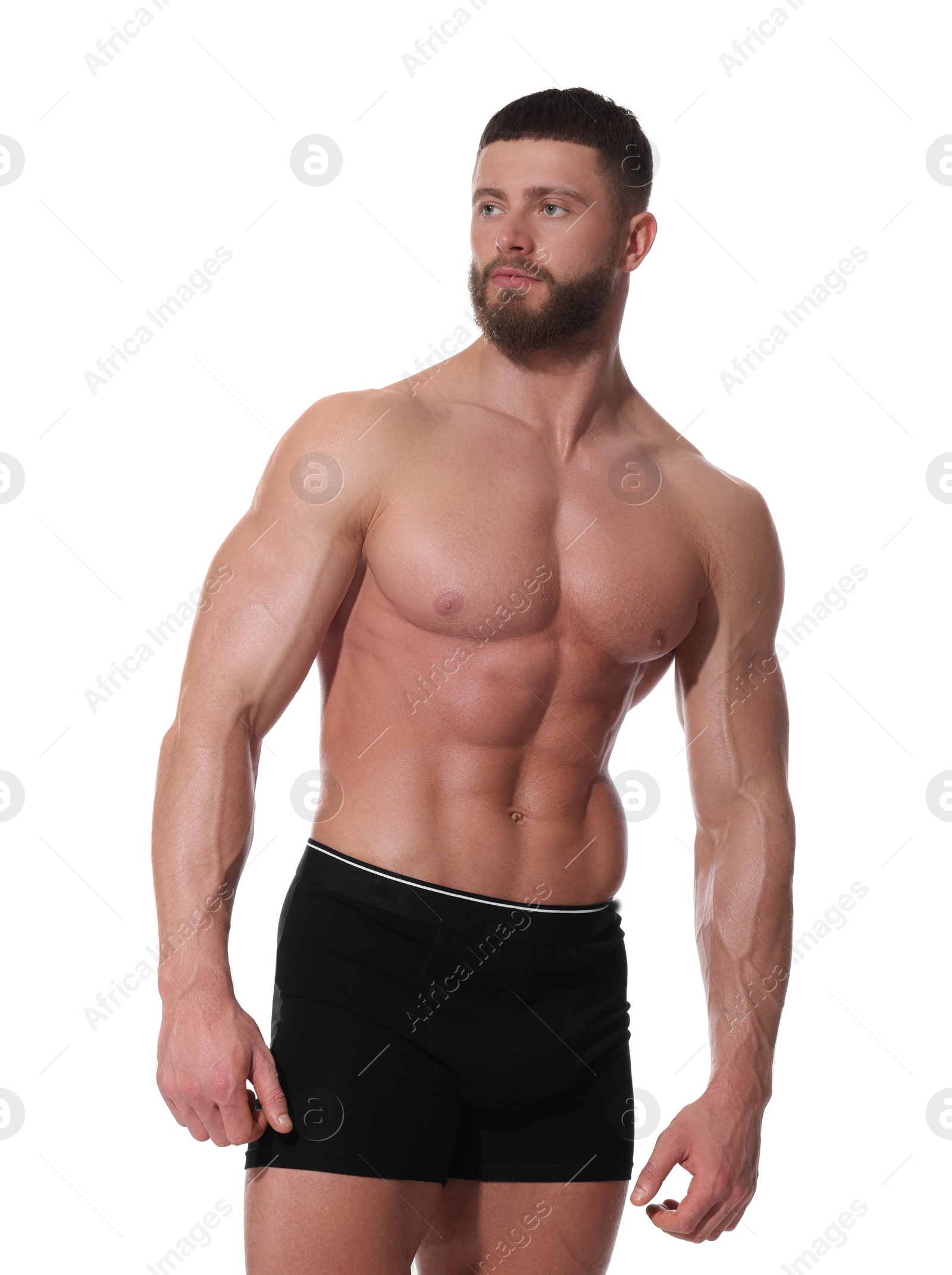 Photo of Young man is stylish black underwear on white background