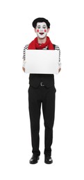 Funny mime artist with blank sign on white background