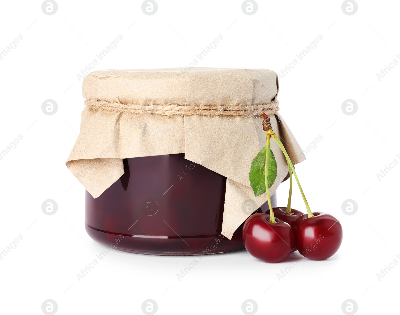 Photo of Jar of cherry jam and fresh berries on white background