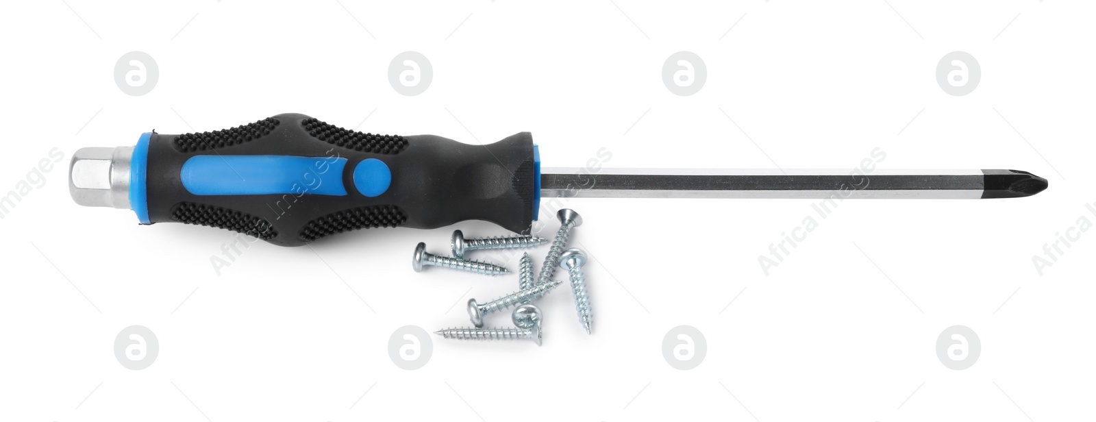 Photo of Screwdriver with black handle and screws isolated on white, top view