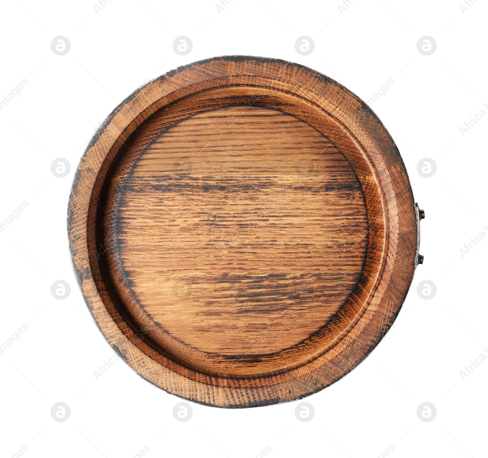 Photo of One wooden barrel isolated on white, top view