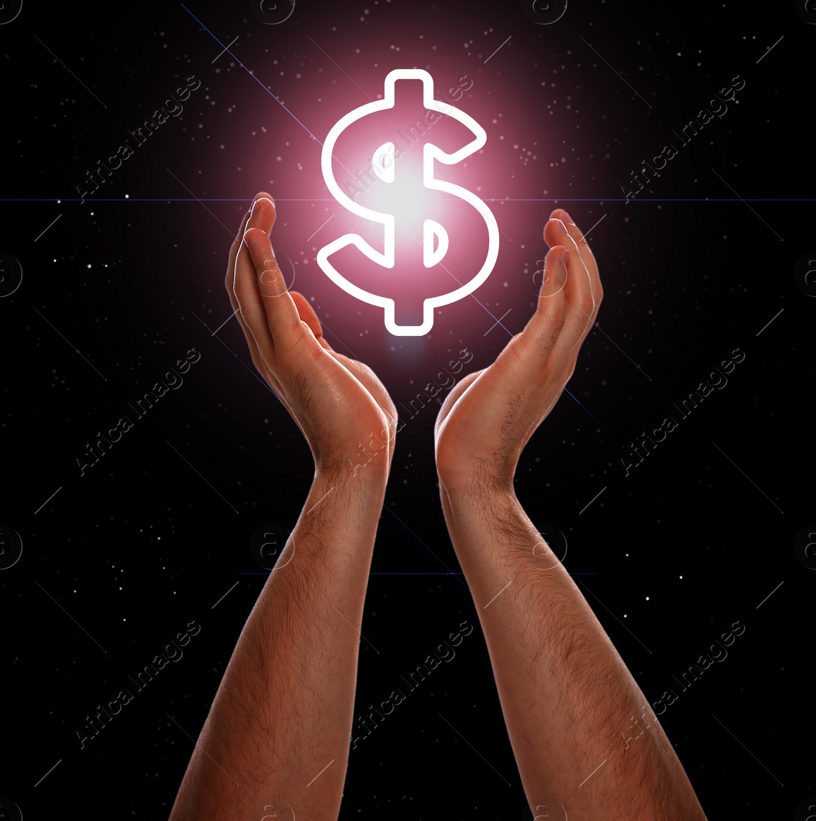 Image of Man demonstrating virtual dollar sign on dark background, closeup