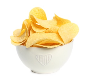 Bowl of tasty crispy potato chips on white background