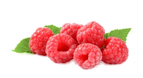 Many fresh ripe raspberries and green leaves isolated on white