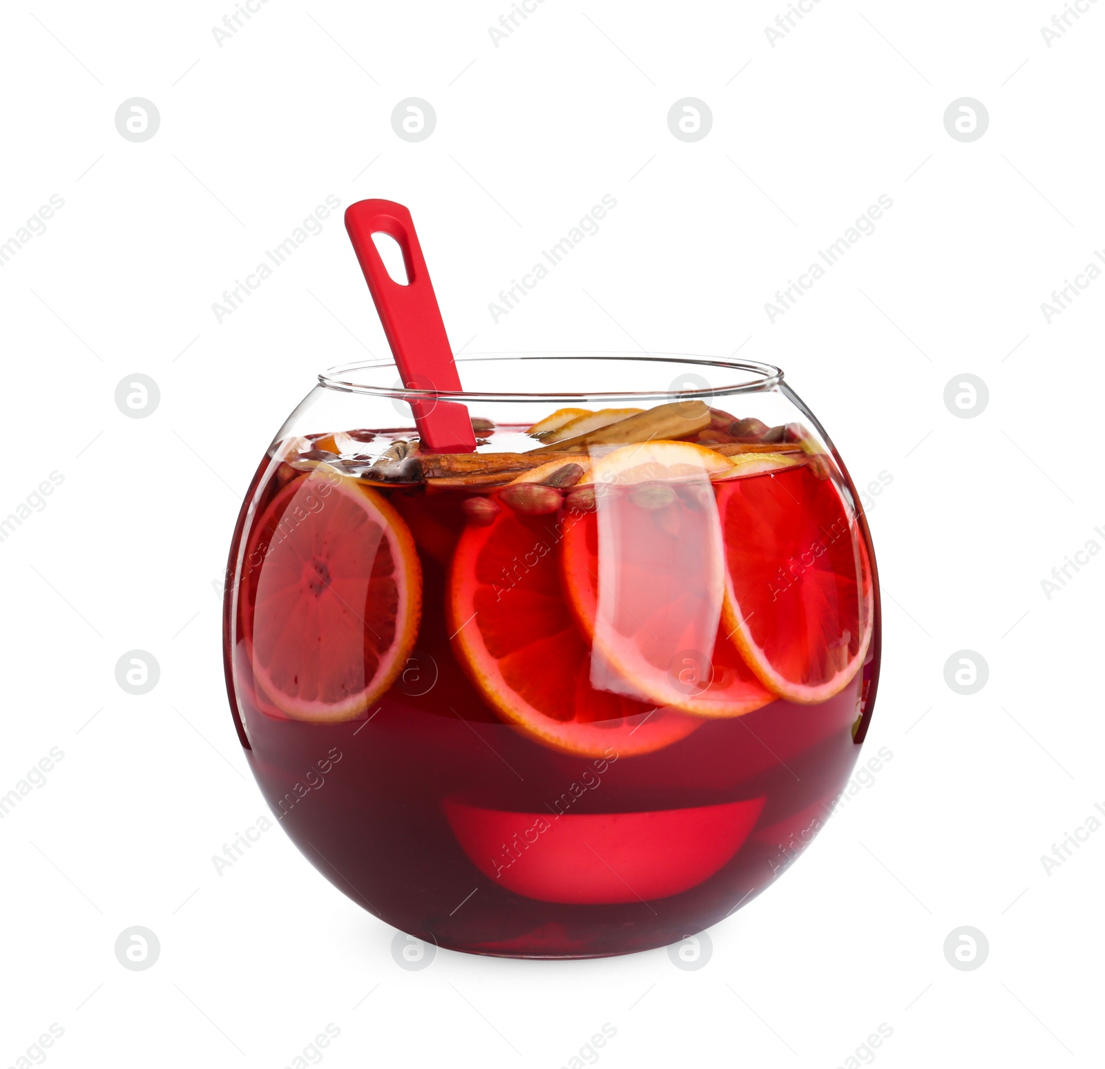 Photo of Glass bowl of aromatic punch drink isolated on white