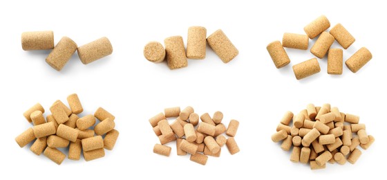 Image of Set with wine corks on white background. Banner design