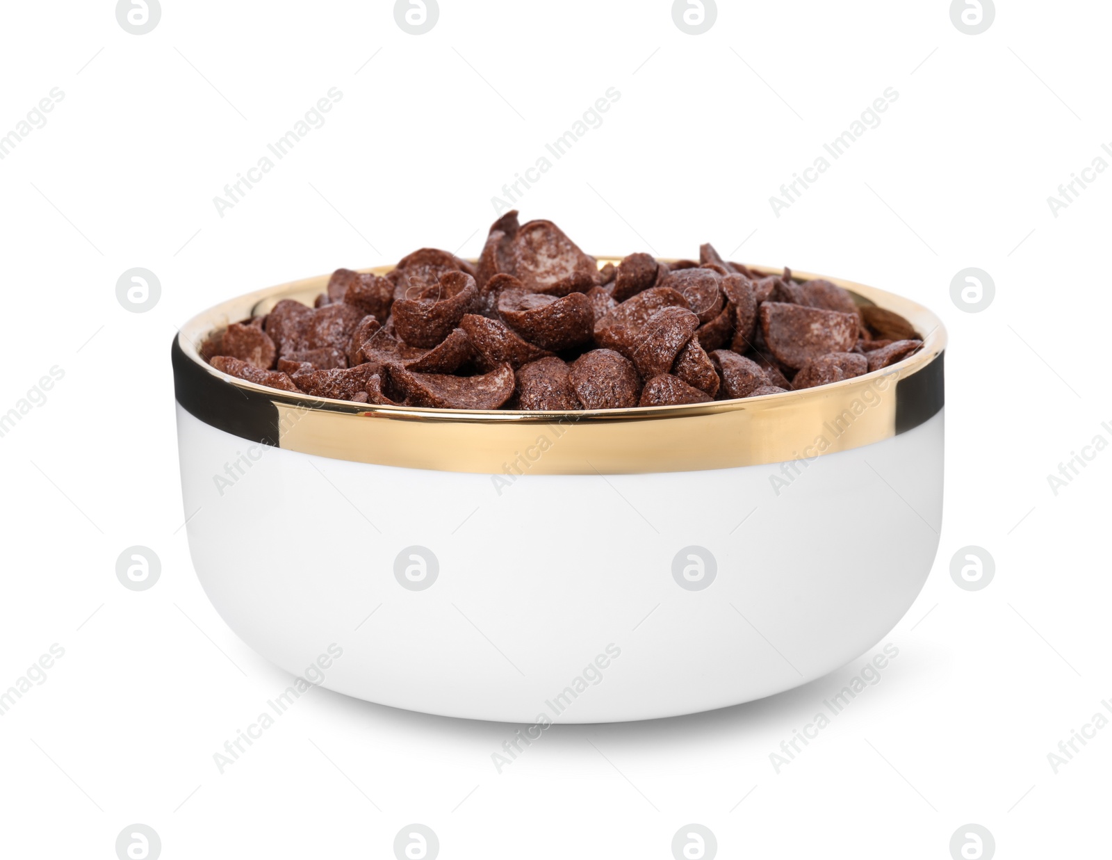 Photo of Breakfast cereal. Chocolate corn flakes in bowl isolated on white