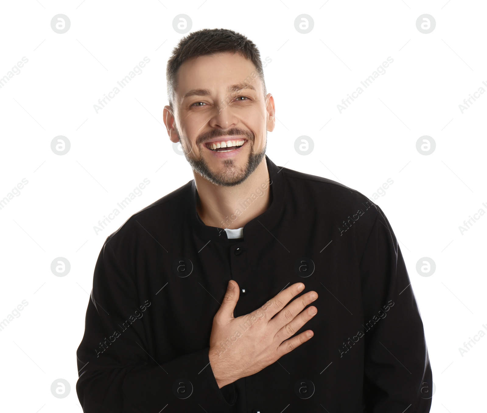 Photo of Priest wearing cassock with clerical collar on white background