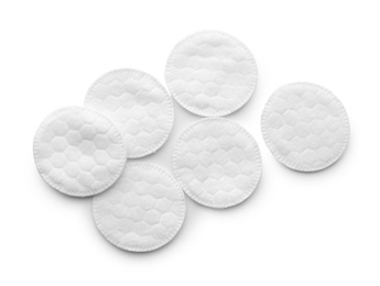 Photo of Cotton pads on white background, top view