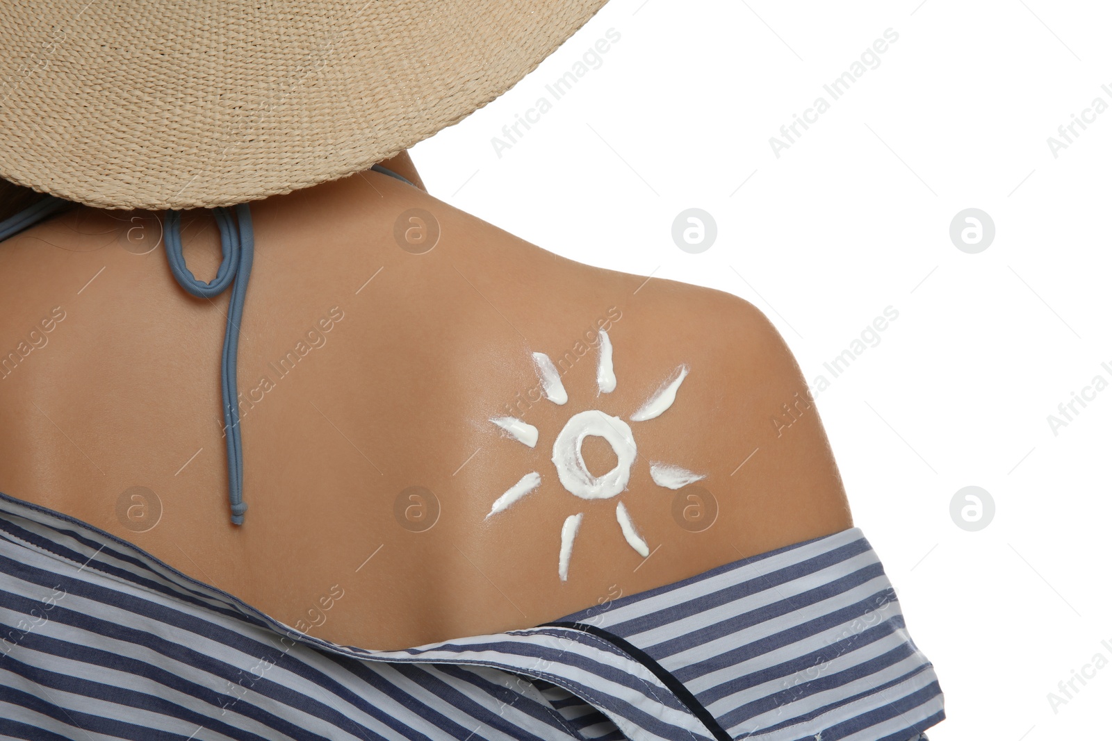 Photo of Teenage girl with sun protection cream on her back against white background, closeup