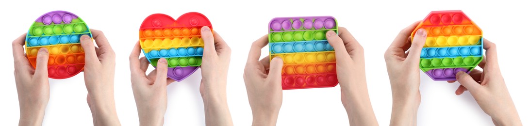 Image of Children playing with popular fidget toys Pop It on white background, closeup. Collage