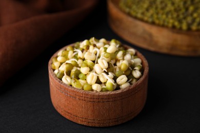 Photo of Wooden bowl with sprouted green mung beans on black background, closeup