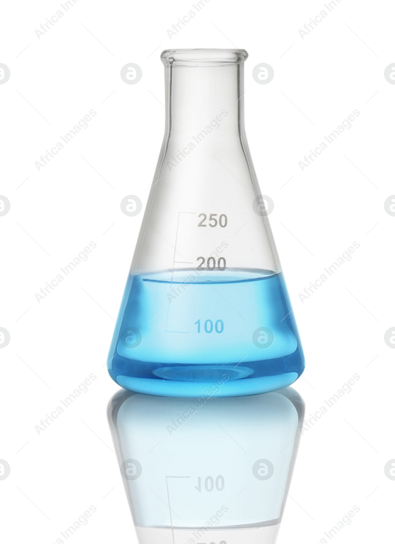 Photo of Conical flask with light blue liquid isolated on white