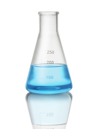 Photo of Conical flask with light blue liquid isolated on white